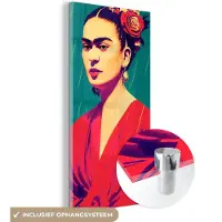 MuchoWow Glasschilderij 20x40 cm - Schilderij acrylglas - Portret - Frida Kahlo - Vrouw - Vintage - Rood - Foto op glas - Muurdecoratie woonkamer - Wanddecoratie slaapkamer - Schilderijen