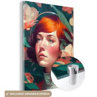 MuchoWow Glasschilderij 90x120 cm - Schilderij acrylglas - Portret - Vrouw - Bloemen - Roze - Botanisch - Foto op glas - Schilderijen