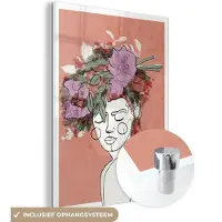 MuchoWow Glasschilderij 120x160 cm - Schilderij acrylglas - Portret - Vrouw - Bloemen - Pastel - Foto op glas - Schilderijen