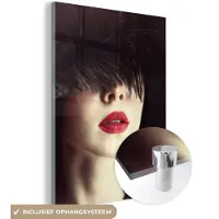 MuchoWow Glasschilderij 30x40 cm - Schilderij acrylglas - Vrouw - Lippen - Rood - Portret - Foto op glas - Schilderijen