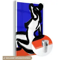 MuchoWow Glasschilderij 80x120 cm - Schilderij acrylglas - Portret - Rood - Blauw - Abstract - Vrouw - Foto op glas - Muurdecoratie woonkamer - Wanddecoratie slaapkamer - Schilderijen