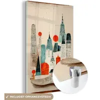 MuchoWow Glasschilderij 120x180 cm - Schilderij acrylglas - Vintage - Rood - Kleuren - Stad - Skyline - Foto op glas - Muurdecoratie woonkamer - Wanddecoratie slaapkamer - Schilderijen