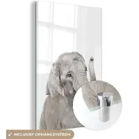 MuchoWow Glasschilderij 100x150 cm - Schilderij acrylglas - Olifant - Dieren - Grijs - Natuur - Foto op glas - Schilderijen