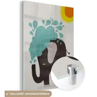 MuchoWow Glasschilderij 120x160 cm - Schilderij acrylglas - Olifant - Kind - Water - Zon - Foto op glas - Muurdecoratie woonkamer - Wanddecoratie slaapkamer - Schilderijen