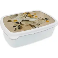 MuchoWow Broodtrommel Wit - Lunchbox - Brooddoos - Bloemen - Planten - Goud - Vintage - 18x12x6 cm - Volwassenen