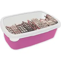 MuchoWow Broodtrommel Roze - Lunchbox - Brooddoos - Amsterdam - Architectuur - Huizen - Straat - 18x12x6 cm - Kinderen - Meisje