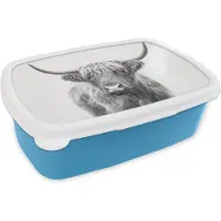 MuchoWow Broodtrommel Blauw - Lunchbox - Brooddoos - Schotse hooglander - Dieren - Hoorns - Zwart wit - 18x12x6 cm - Kinderen - Jongen