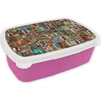 MuchoWow Broodtrommel Roze - Lunchbox - Brooddoos - Deuren - Kleurrijk - Collage - Architectuur - 18x12x6 cm - Kinderen - Meisje