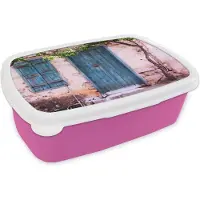 MuchoWow Broodtrommel Roze - Lunchbox - Brooddoos - Vintage - Deur - Huis - Blauw - Boom - 18x12x6 cm - Kinderen - Meisje