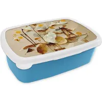 MuchoWow Broodtrommel Blauw - Lunchbox - Brooddoos - Bloemen - Wit - Planten - Vintage - 18x12x6 cm - Kinderen - Jongen