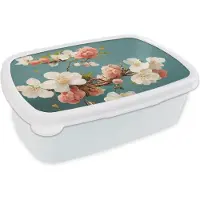 MuchoWow Broodtrommel Wit - Lunchbox - Brooddoos - Bloemen - Bloesem - Kersen - Tak - Wit - 18x12x6 cm - Volwassenen