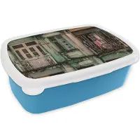 MuchoWow Broodtrommel Blauw - Lunchbox - Brooddoos - Vintage - Deuren - Appartementen - Architectuur - 18x12x6 cm - Kinderen - Jongen