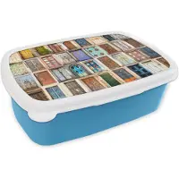 MuchoWow Broodtrommel Blauw - Lunchbox - Brooddoos - Deuren - Architectuur - Vintage - Collage - 18x12x6 cm - Kinderen - Jongen