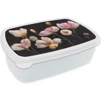 MuchoWow Broodtrommel Wit - Lunchbox - Brooddoos - Bloemen - Planten - Roze - Zwart - 18x12x6 cm - Volwassenen