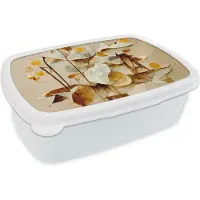 MuchoWow Broodtrommel Wit - Lunchbox - Brooddoos - Bloemen - Wit - Planten - Vintage - 18x12x6 cm - Volwassenen