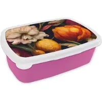 MuchoWow Broodtrommel Roze - Lunchbox - Brooddoos - Bloemen - Planten - Kleuren - Wit - 18x12x6 cm - Kinderen - Meisje