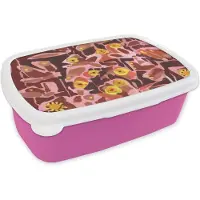 MuchoWow Broodtrommel Roze - Lunchbox - Brooddoos - Bruin - Retro - Vlinders - Dieren - Hippie - 18x12x6 cm - Kinderen - Meisje