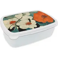 MuchoWow Broodtrommel Wit - Lunchbox - Brooddoos - Bloemen - Planten - Vintage - Azië - Oranje - 18x12x6 cm - Volwassenen