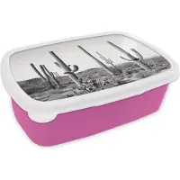 MuchoWow Broodtrommel Roze - Lunchbox - Brooddoos - Cactussen - Zwart wit - Natuur - Landschap - 18x12x6 cm - Kinderen - Meisje