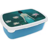 MuchoWow Broodtrommel Blauw - Lunchbox - Brooddoos - Vrouw - Portret - Water - Bloemen - Lelie - 18x12x6 cm - Kinderen - Jongen
