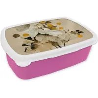 MuchoWow Broodtrommel Roze - Lunchbox - Brooddoos - Bloemen - Planten - Goud - Vintage - 18x12x6 cm - Kinderen - Meisje