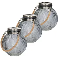 Anna's Collection 3x stuks grijze solar lantaarn van gestreept glas rond 16 cm - Tuinlantaarns - Solarverlichting - Tuinverlichting