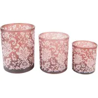 Clayre & Eef Theelichthouder Set van 3 Bruin Wit Glas Rond Bloemen Waxinelichthouder Bruin Waxinelichthouder