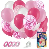 Fissaly 40 stuks Roze, Wit & Donkerroze Helium Ballonnen met Lint – Verjaardag Versiering Decoratie – Papieren Confetti – Latex
