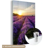 MuchoWow - Glasschilderij - Acrylglas - Lavendel - Zon - Landschap - Bloemen - Foto op glas - 120x180 cm - Schilderij paars - Glasschilderij bloemen - Schilderij glas