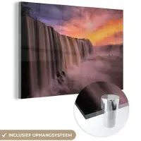 MuchoWow Glasschilderij 30x20 cm - Schilderij acrylglas - Waterval - Zonsondergang - Natuur - Foto op glas - Schilderijen