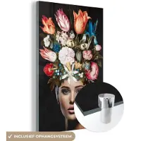 MuchoWow Glasschilderij 80x120 cm - Schilderij acrylglas - Vrouw - Kleurrijk - Bloemen - Foto op glas - Schilderijen