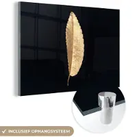 MuchoWow Glasschilderij 180x120 cm - Schilderij acrylglas - Bladeren - Black and gold - Luxe - Chic - Natuur - Foto op glas - Schilderijen