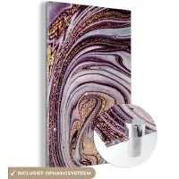 MuchoWow Glasschilderij 80x120 cm - Schilderij acrylglas - Marmer - Roze - Goud - Glitter - Marmerlook - Luxe - Foto op glas - Schilderijen