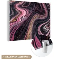 MuchoWow Glasschilderij 160x120 cm - Schilderij acrylglas - Marmerlook - Roze - Paars - Goud - Luxe - Marmer - Foto op glas - Schilderijen