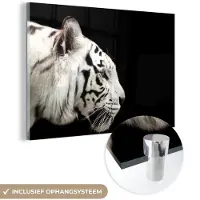 MuchoWow Glasschilderij 30x20 cm - Schilderij acrylglas - Tijger - Wit - Zwart - Foto op glas - Schilderijen
