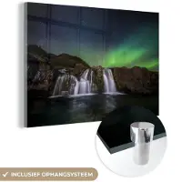 MuchoWow Glasschilderij 60x40 cm - Schilderij acrylglas - Noorderlicht - Waterval - IJsland - Natuur - Foto op glas - Schilderijen