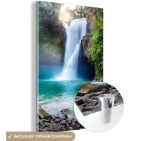 MuchoWow Glasschilderij waterval - Natuur - Groen - Zon - Schilderijen woonkamer - Foto op glas - Glasplaat - Kamer decoratie - Wanddecoratie - 120x180 cm - Slaapkamer - Schilderij glas - Muurdecoratie