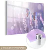 MuchoWow Glasschilderij - Foto op glas - Vlinder - Lavendel - Bloemen - Zon - Insecten - 180x120 cm - Acrylverf - Glasschilderij vlinders - Glasschilderij bloemen - Schilderij glas - Muurdecoratie