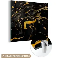 MuchoWow Glasschilderij 50x50 cm - Schilderij acrylglas - Patronen - Verf - Goud - Zwart - Foto op glas - Schilderijen