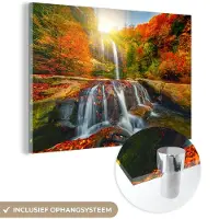 MuchoWow Glasschilderij - Glazen schilderij - Herfst - Waterval - Zon - Schilderij waterval - Foto op glas - 60x40 cm - Kamer decoratie - Acrylglas