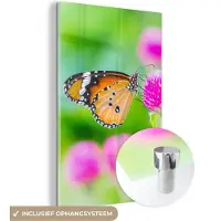 MuchoWow Glasschilderij 60x90 cm - Schilderij acrylglas - Landelijk - Vlinder - Distel - Bloem - Foto op glas - Schilderijen