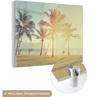 MuchoWow Glasschilderij 160x120 cm - Schilderij acrylglas - Zee - Palmboom - Zomer - Zon - Strand - Foto op glas - Schilderijen
