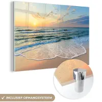 MuchoWow Glasschilderij 180x120 cm - Schilderij acrylglas - Strand - Zee - Zonsondergang - Golf - Foto op glas - Muurdecoratie woonkamer - Wanddecoratie slaapkamer - Schilderijen