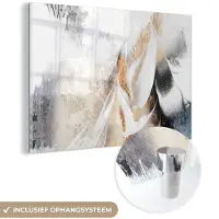 MuchoWow Glasschilderij 150x100 cm - Schilderij acrylglas - Abstract - Gold - Design - Luxe - Foto op glas - Muurdecoratie woonkamer - Wanddecoratie slaapkamer - Schilderijen