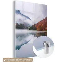 MuchoWow Glasschilderij 30x40 cm - Schilderij acrylglas - Herfst - Mist - Water - Landschap - Foto op glas - Schilderijen