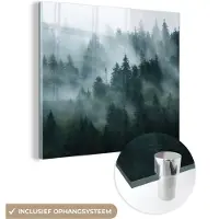 MuchoWow Glasschilderij 50x50 cm - Schilderij acrylglas - Mist - Bomen - Bos - Foto op glas - Schilderijen