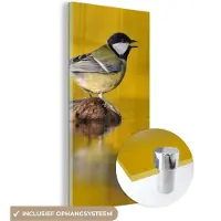 MuchoWow Glasschilderij 60x120 cm - Schilderij acrylglas - Koolmees - Vogel - Water - Foto op glas - Schilderijen