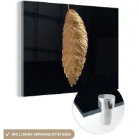 MuchoWow Glasschilderij 160x120 cm - Schilderij acrylglas - Bladeren - Zwart - Goud - Luxe - Natuur - Foto op glas - Schilderijen