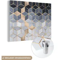 MuchoWow Glasschilderij 160x120 cm - Schilderij acrylglas - Kubus - Goud - Luxe - Patronen - Foto op glas - Schilderijen