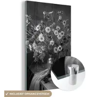 MuchoWow Glasschilderij 80x120 cm - Schilderij acrylglas - Boeket - Bloemen - Olieverf - Stilleven - Zwart - Wit - Foto op glas - Muurdecoratie woonkamer - Wanddecoratie slaapkamer - Schilderijen